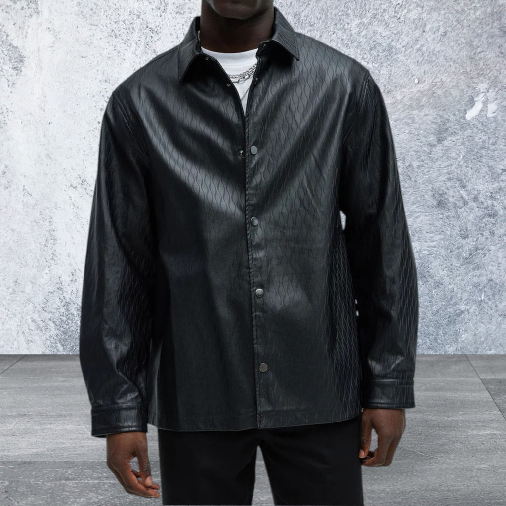 Long Sleeve Faux Leather Snap Button Front Shirt