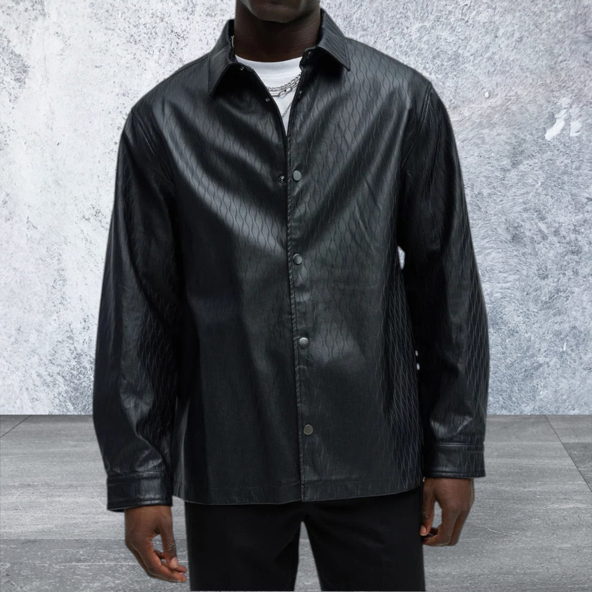 Long Sleeve Faux Leather Snap Button Front Shirt