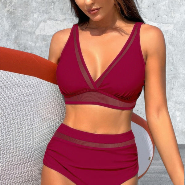 Deep V Lace Two Piece Sleeveless Swimsuit