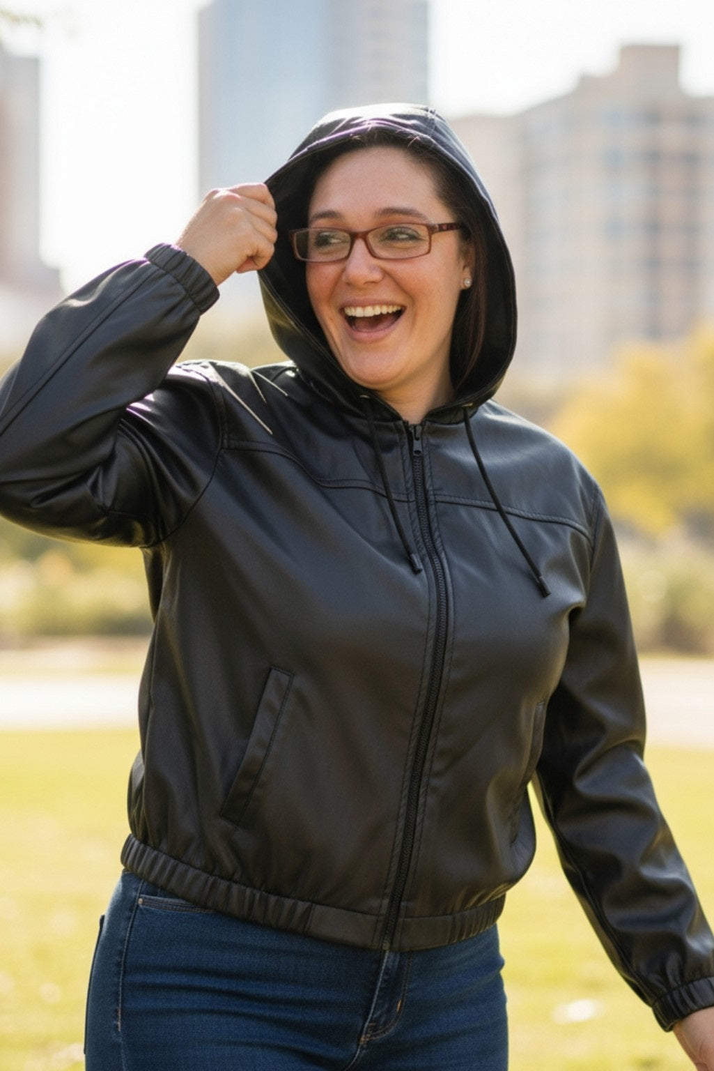 Womens Faux leather hoodie jacket