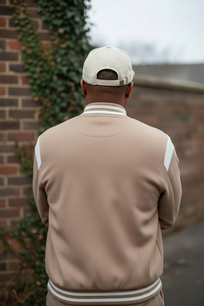 Men's Beige Varsity Button Front Suede Jacket