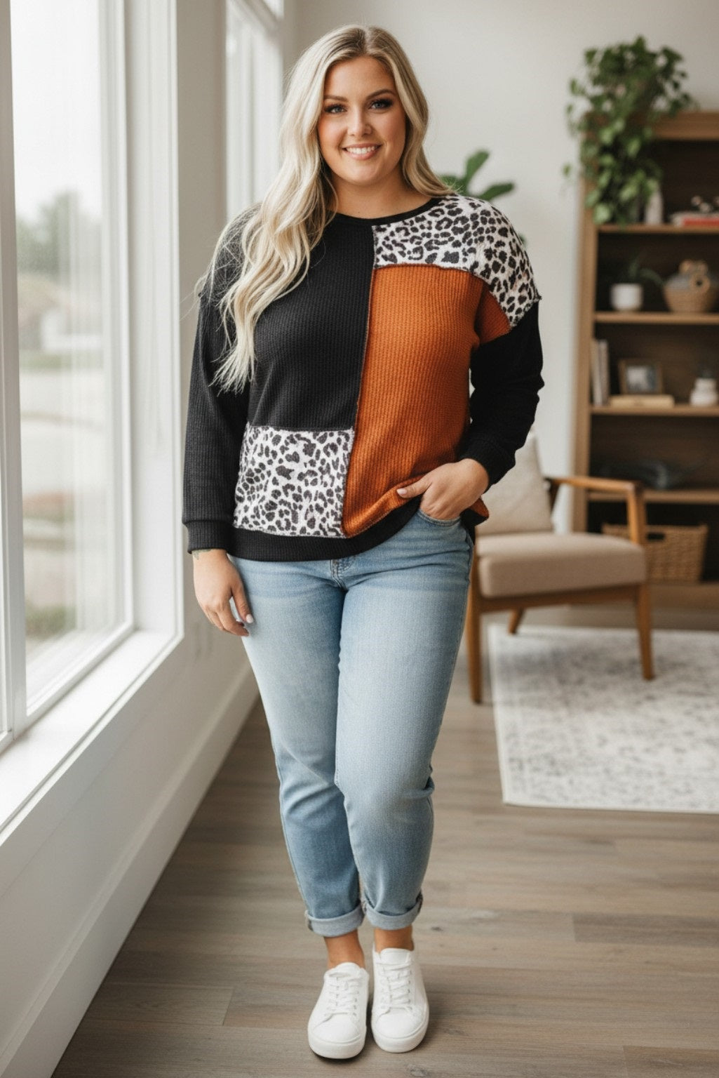 Plus Size Leopard Waffle Knit Top