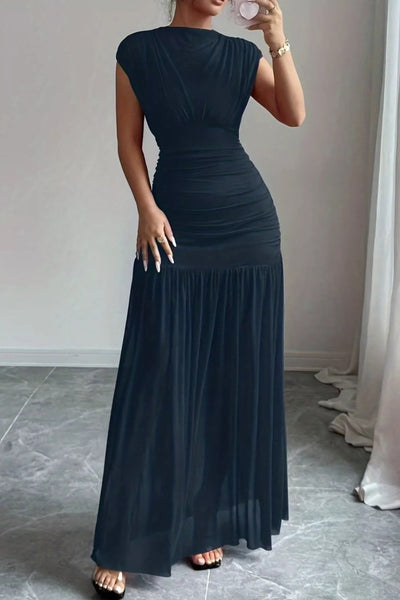 Cap Sleeve Ruched Bodycon Maxi Long Dress