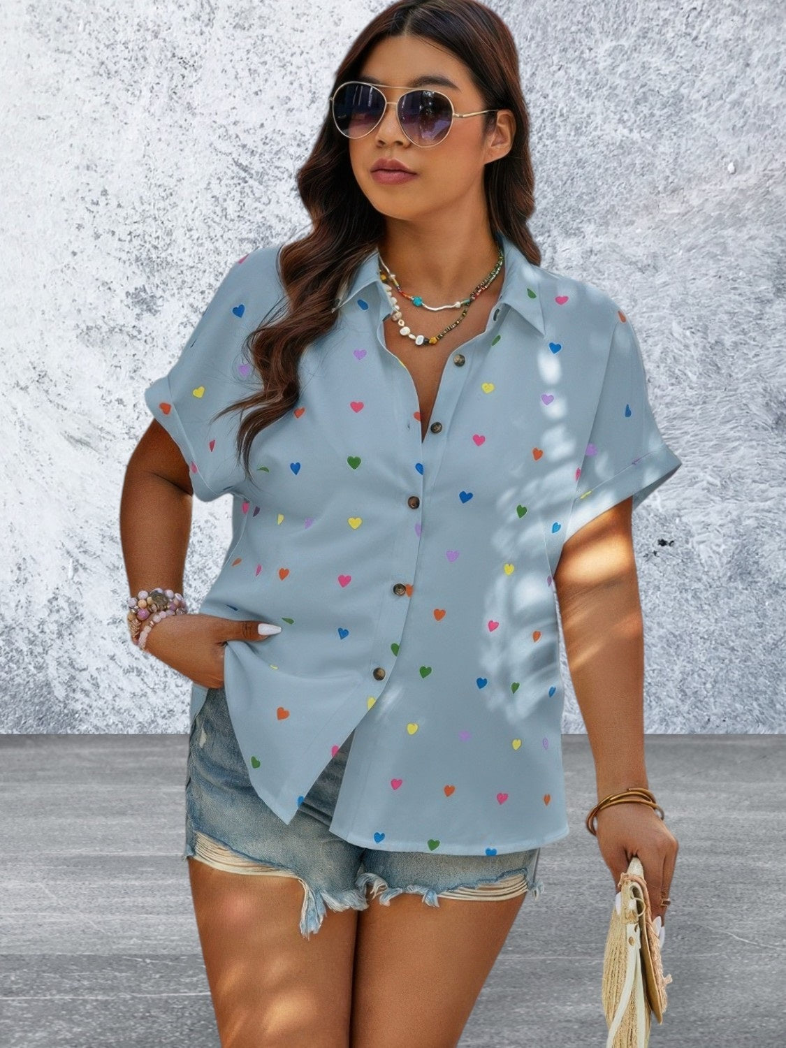Plus Size Short Sleeve Hearts Print Button Down Loose Top