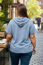 Plus Size Waffle Knit Short Sleeve Drawstring Hoodie Top