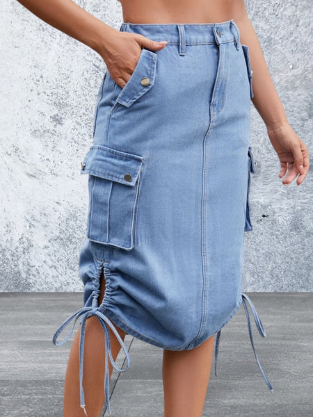 Drawstring Denim Skirt with Cargo Pockets