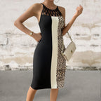 Sleeveless Leopard Print Cutout Knee Length Dress