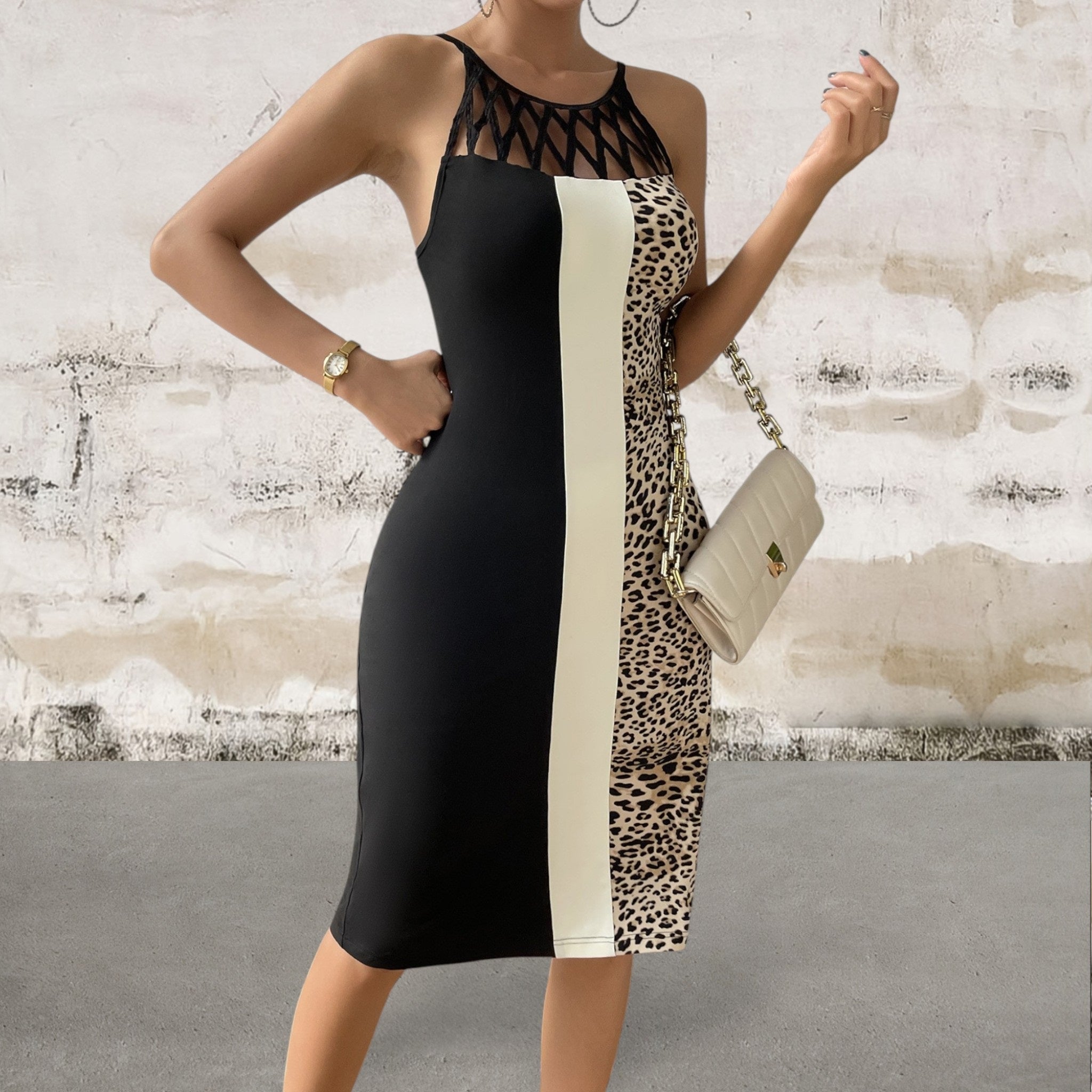 Sleeveless Leopard Print Cutout Knee Length Dress