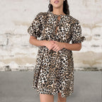 Leopard Tie Front Puff Sleeve Short Flared Dress