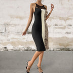 Sleeveless Leopard Print Cutout Knee Length Dress