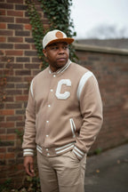 Men's Beige Varsity Button Front Suede Jacket