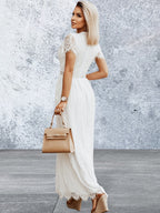 Short Sleeve V Neck High Waist Lace Maxi Dress 
