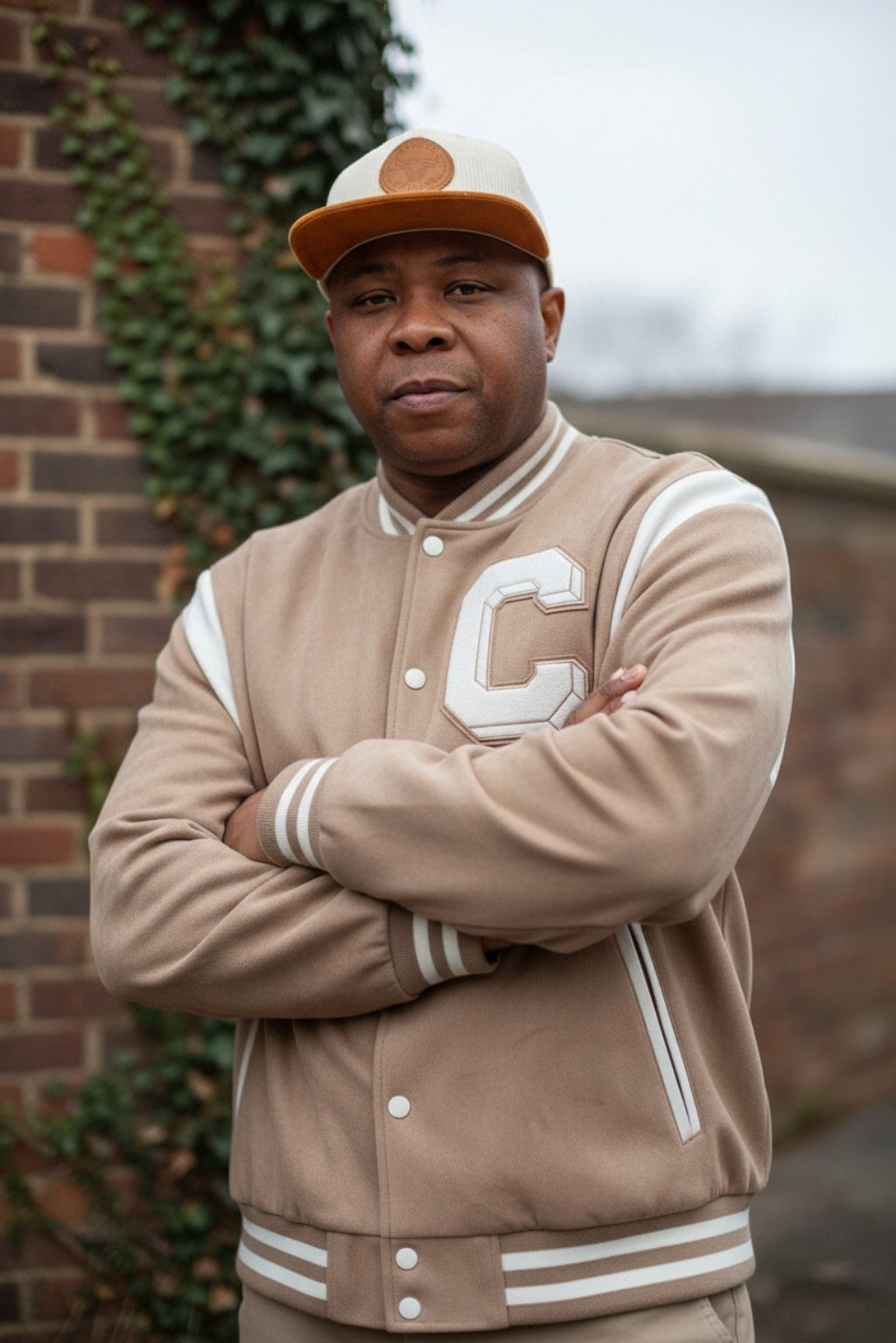 Men's Beige Varsity Button Front Suede Jacket