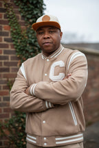 Men's Beige Varsity Button Front Suede Jacket