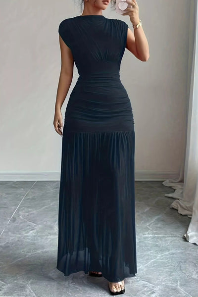 Cap Sleeve Ruched Bodycon Maxi Long Dress