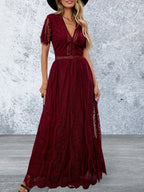 Short Sleeve V Neck High Waist Lace Maxi Dress