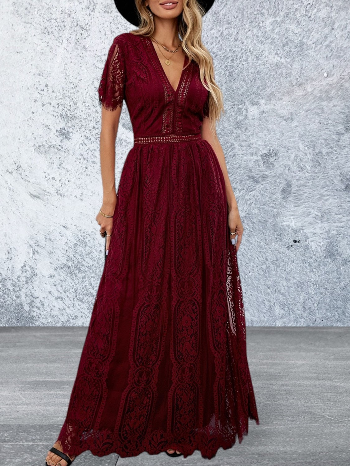 Short Sleeve V Neck High Waist Lace Maxi Dress