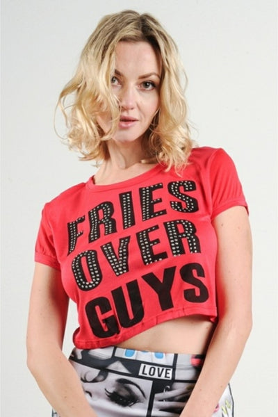 Juniors Fries Over Guys Graphic Studs Detail Crop Top
