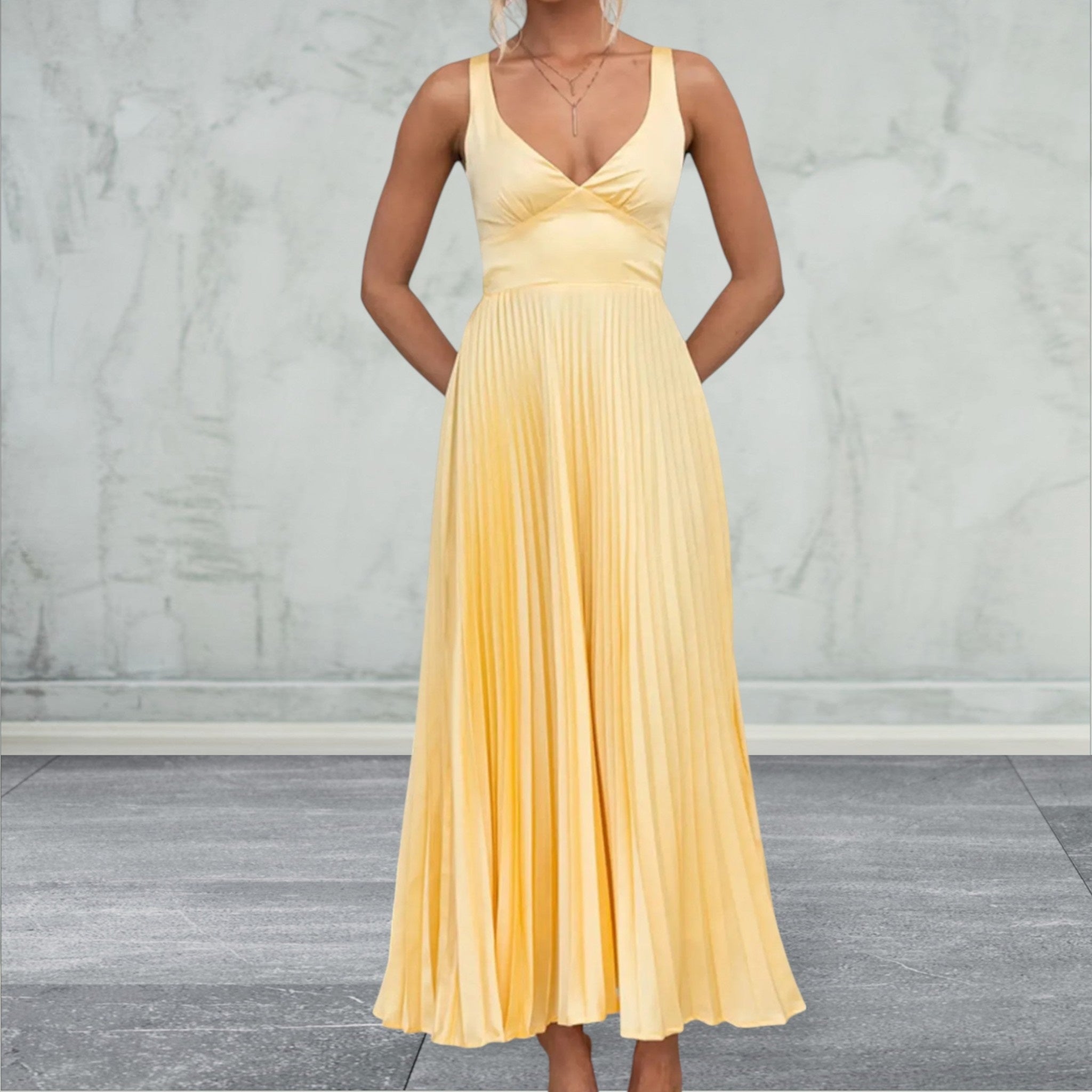 Sleeveless Pleated V-Neck Maxi Dress