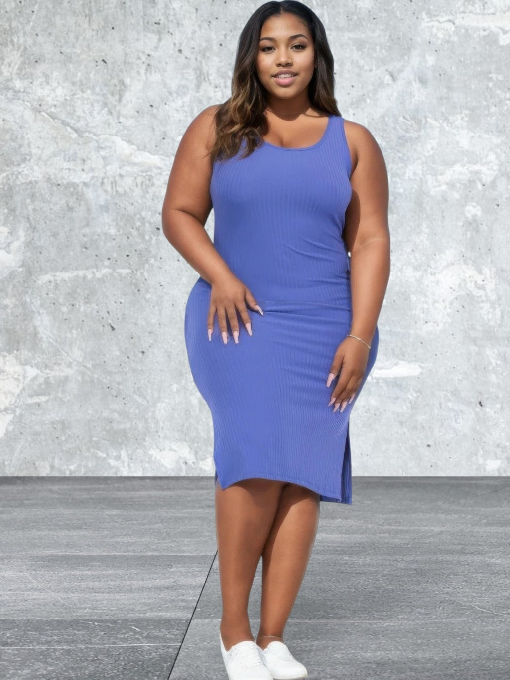 Plus Size Ribbed Side Slit Sleeveless Dress