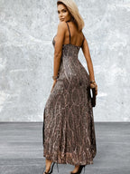 Spaghetti Straps Brown Wrap V Neck Dual Backless Sequin Maxi Evening Dress