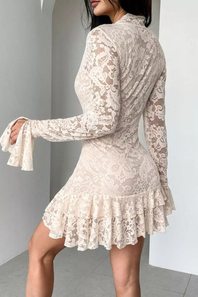 Long Sleeve Lace Ruffle Hem Mini Dress