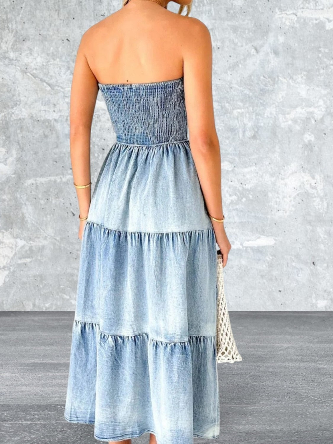 Smocked Tube Slit Tiered Denim Dress