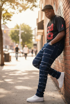 Men's Slim Fit Distressed Jeans with Ring Stitching