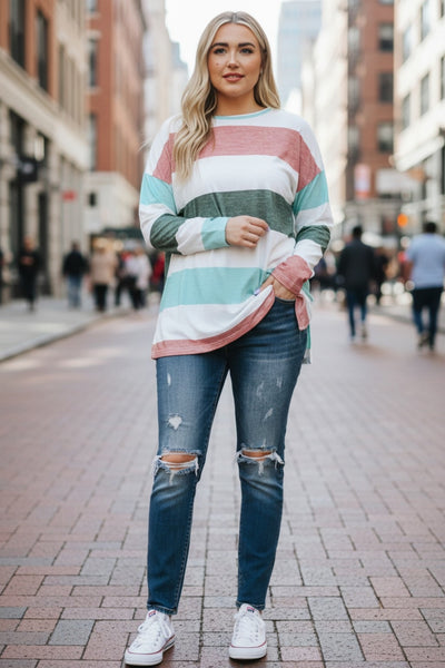 Long Sleeve Plus Size Colorblock Pullover Top