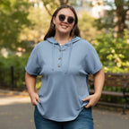 Plus Size Waffle Knit Short Sleeve Drawstring Hoodie Top