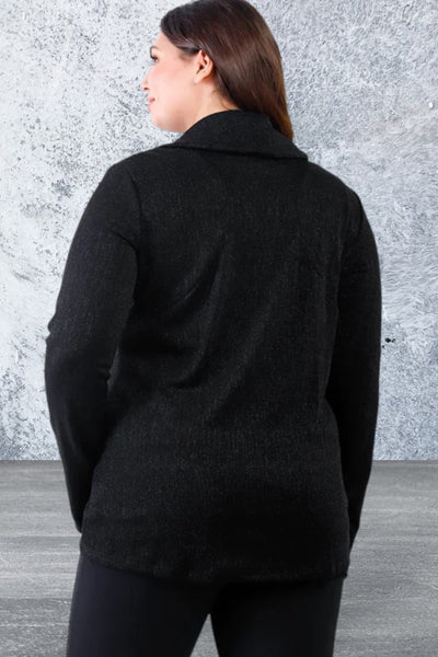 Plus Size Black Lurex Draped Collar Side Zip Up Jacket