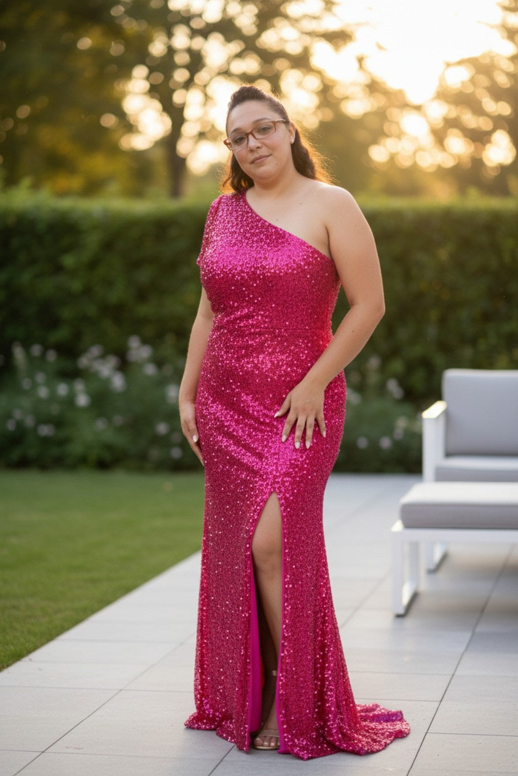 Pink One Shoulder Thigh High Split  Sequin Gown