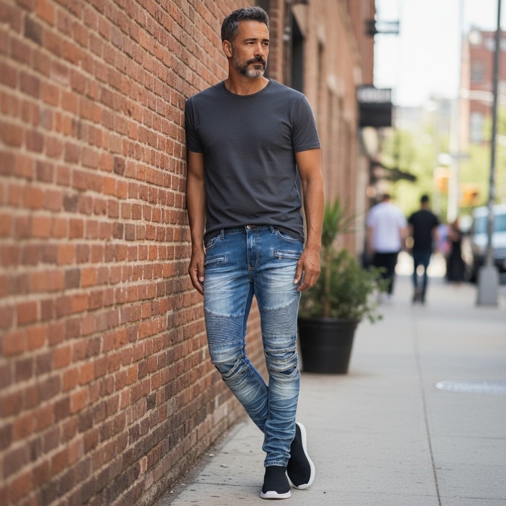 Men Creased Biker Denim Jeans