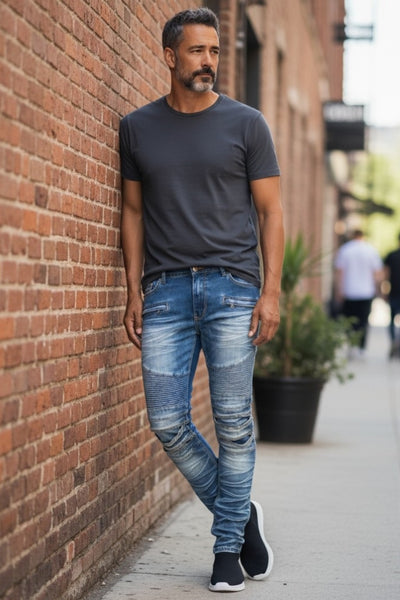 Men Creased Biker Denim Jeans