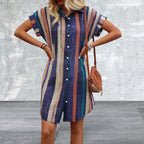 Short Sleeve Striped Button Front Shirt Dress