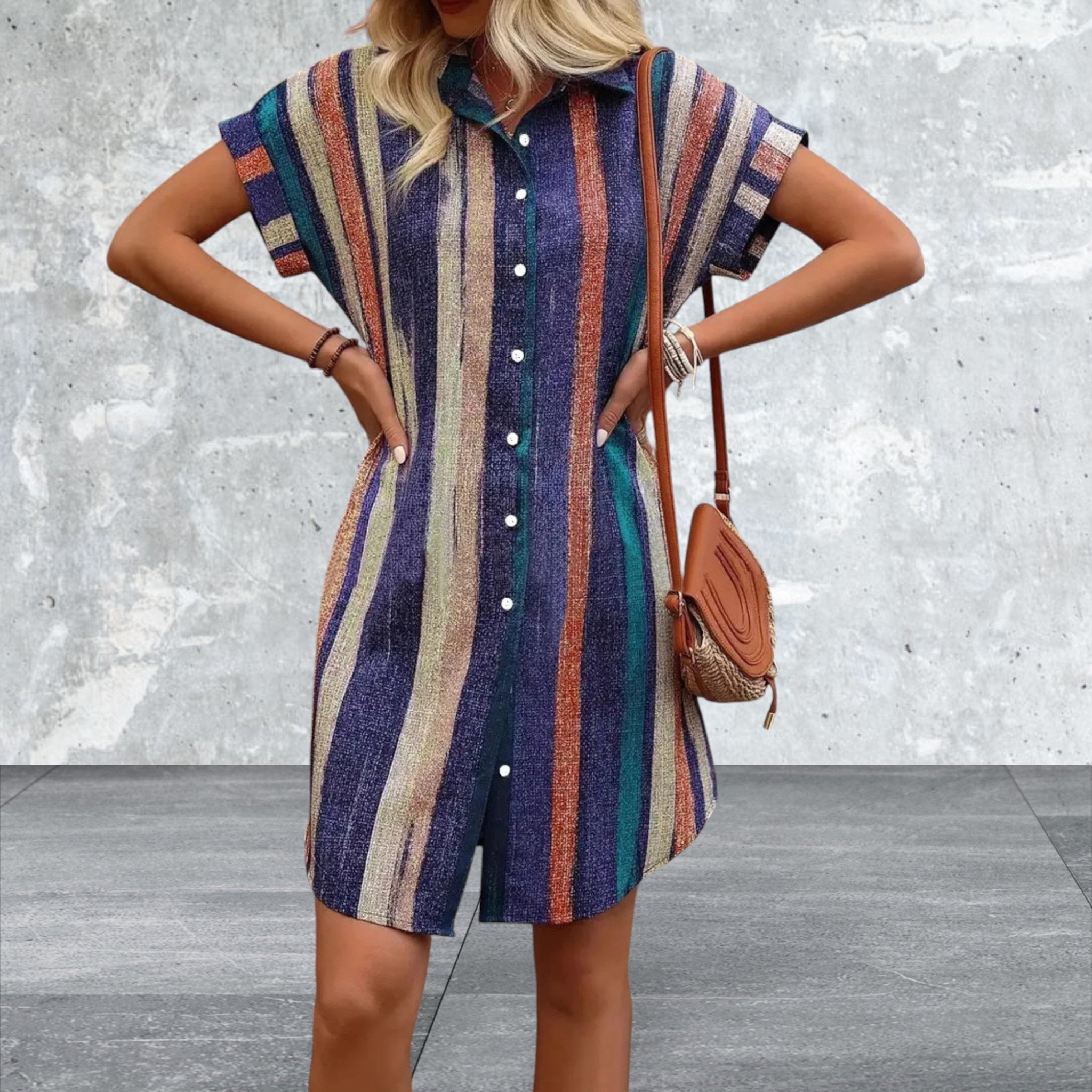 Short Sleeve Striped Button Front Shirt Dress