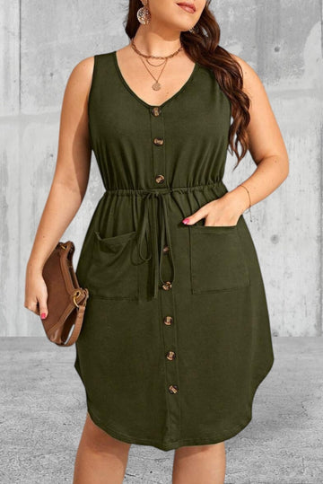 Plus Size Sleeveless Drawstring Waist Patch Pockets Dress