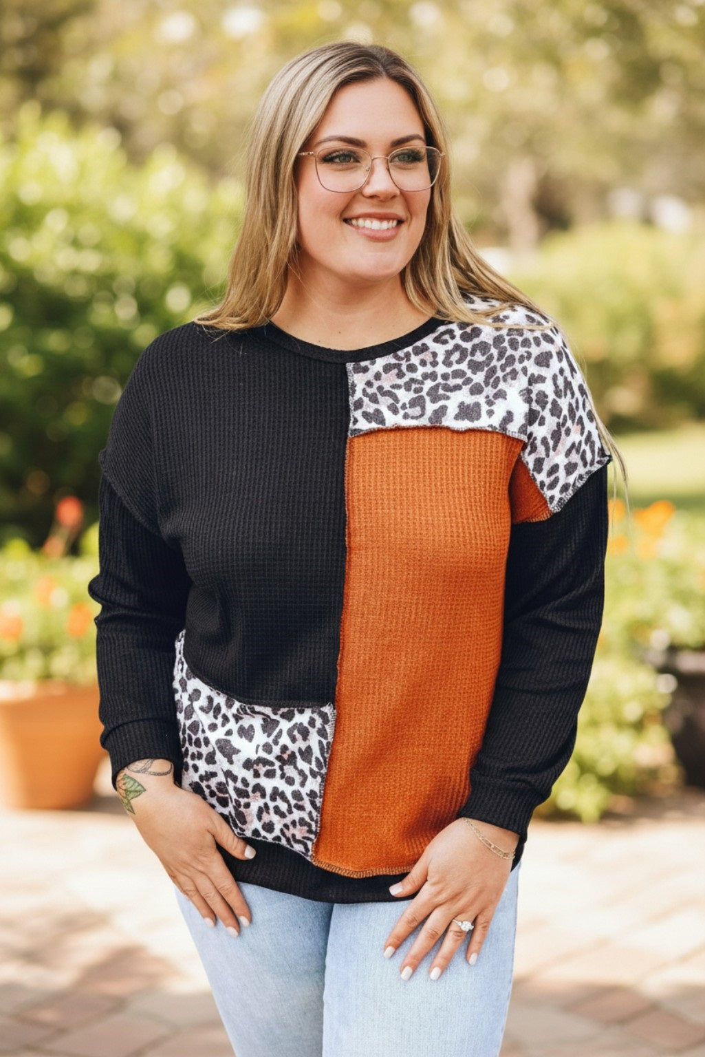 Plus Size Leopard Waffle Knit Top