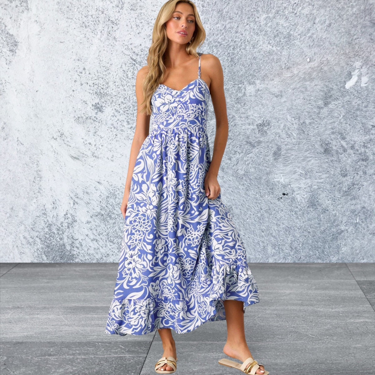 Floral Print Spaghetti Strap High Waist Maxi Dress