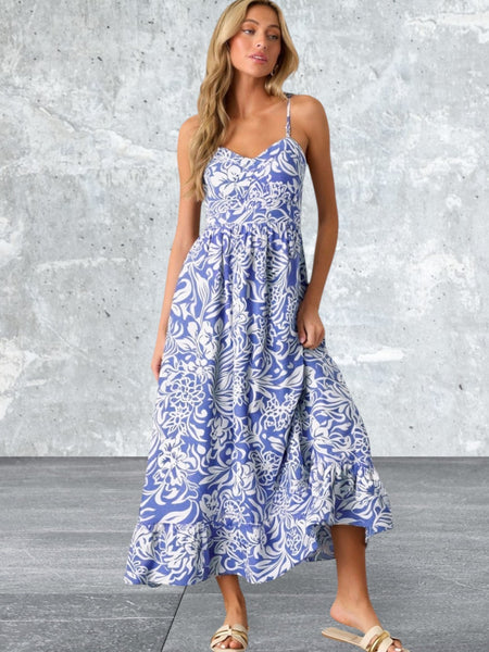 Floral Print Spaghetti Strap High Waist Maxi Dress