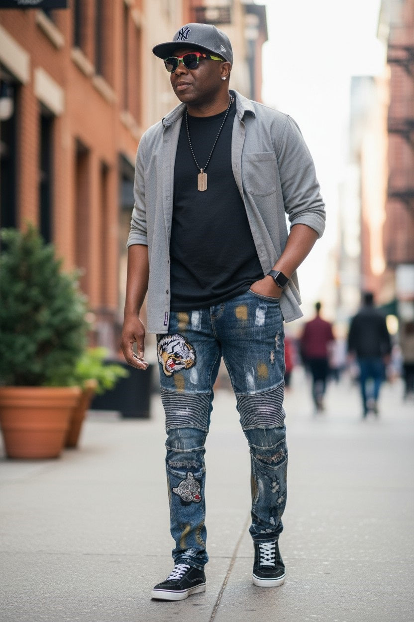 Men's moto ribbed knee patch detail Jeans