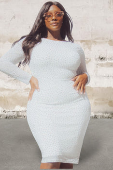 Plus Size Round Neck Sheer sleeve V-Shape Back Rhinestone midi dress