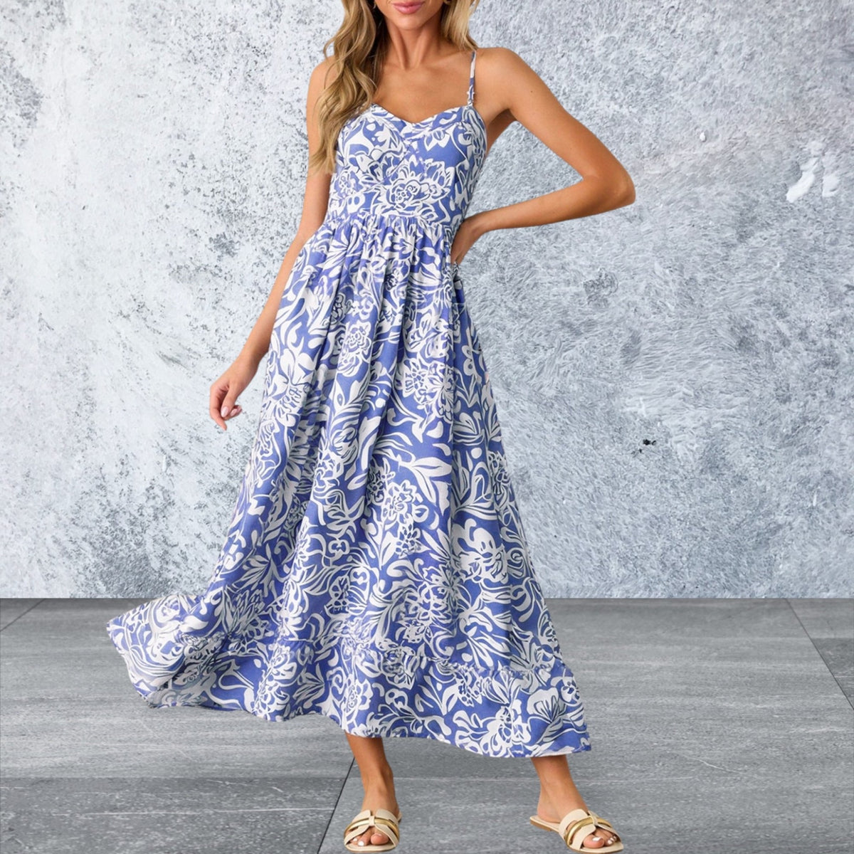 Floral Print Spaghetti Strap High Waist Maxi Dress