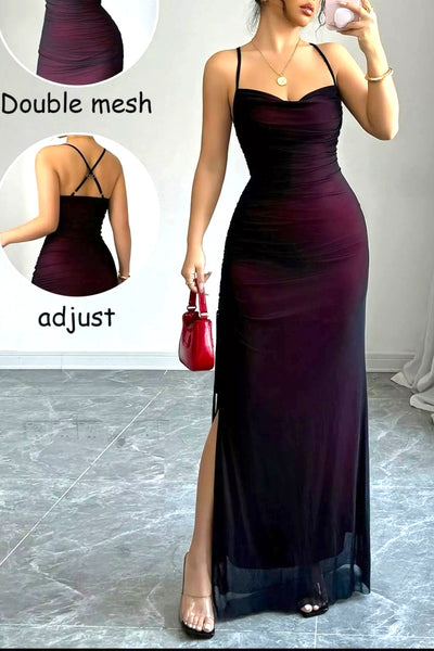 Sleeveless Ruched Sweetheart Neck Slit Maxi Dress