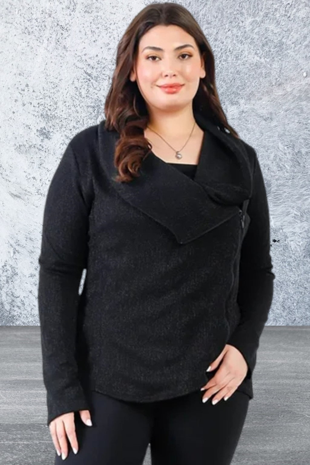 Plus Size Black Lurex Draped Collar Side Zip Up Jacket