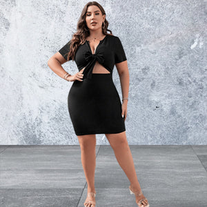 Plus Size Short Sleeve Cutout Tie Front Dress