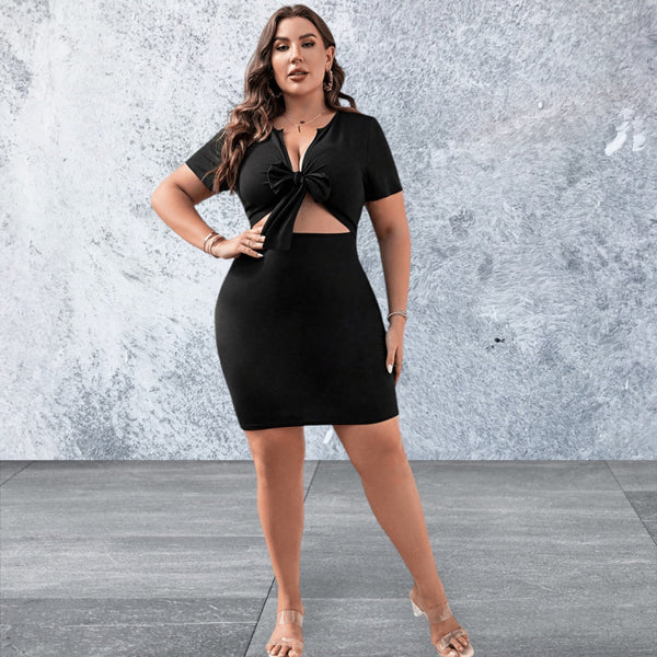 Plus Size Short Sleeve Cutout Tie Front Dress