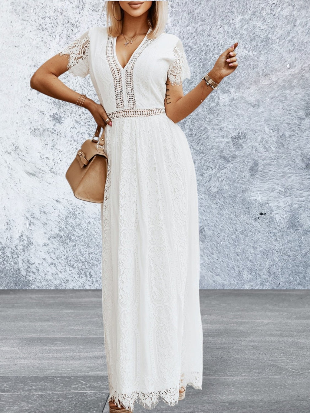 Short Sleeve V Neck High Waist Lace Maxi Dress 
