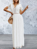 Short Sleeve V Neck High Waist Lace Maxi Dress 