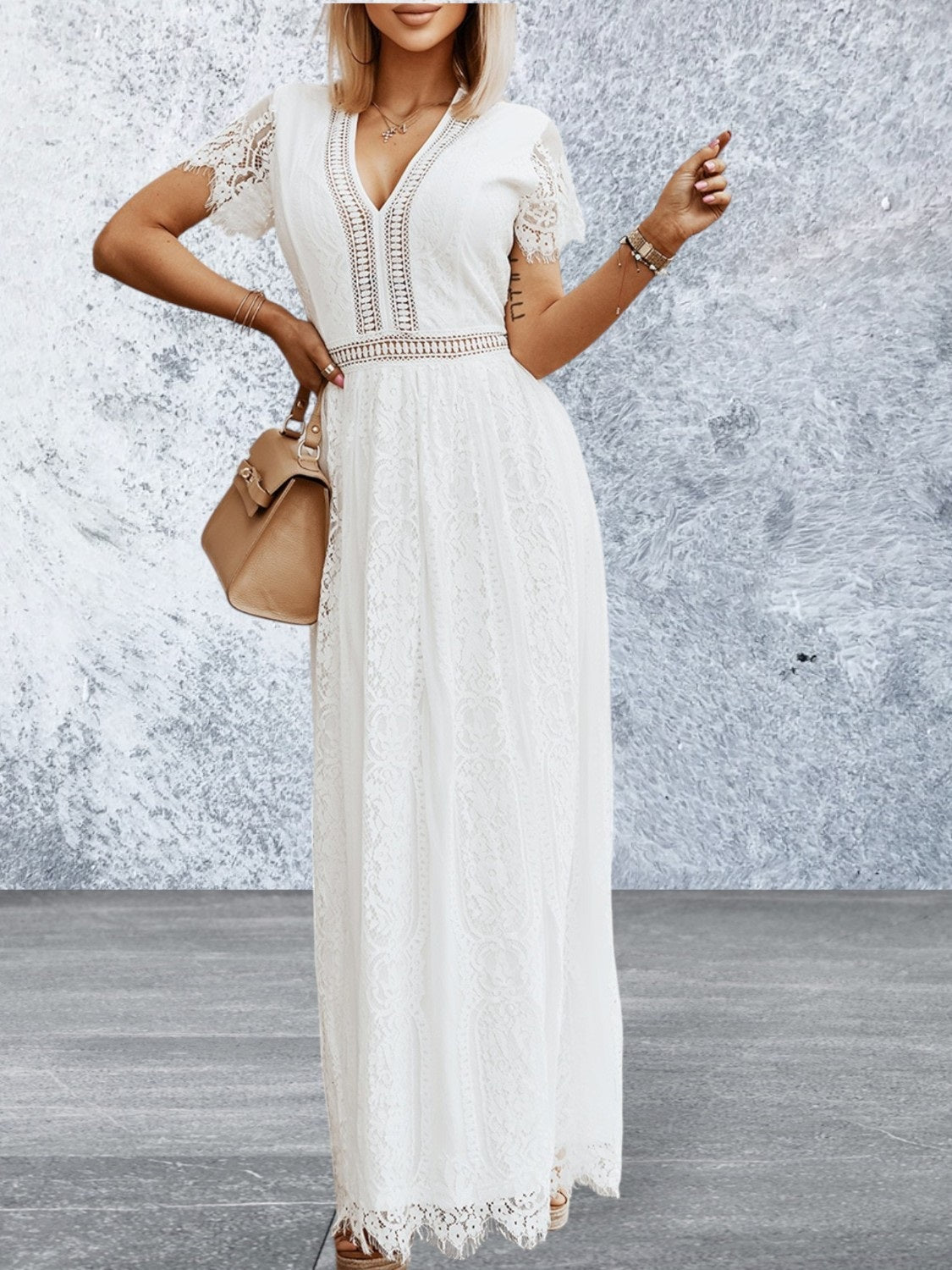Short Sleeve V Neck High Waist Lace Maxi Dress 